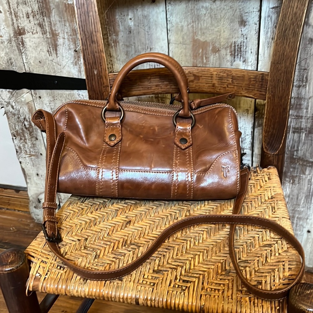 Frye distressed leather barrel purse